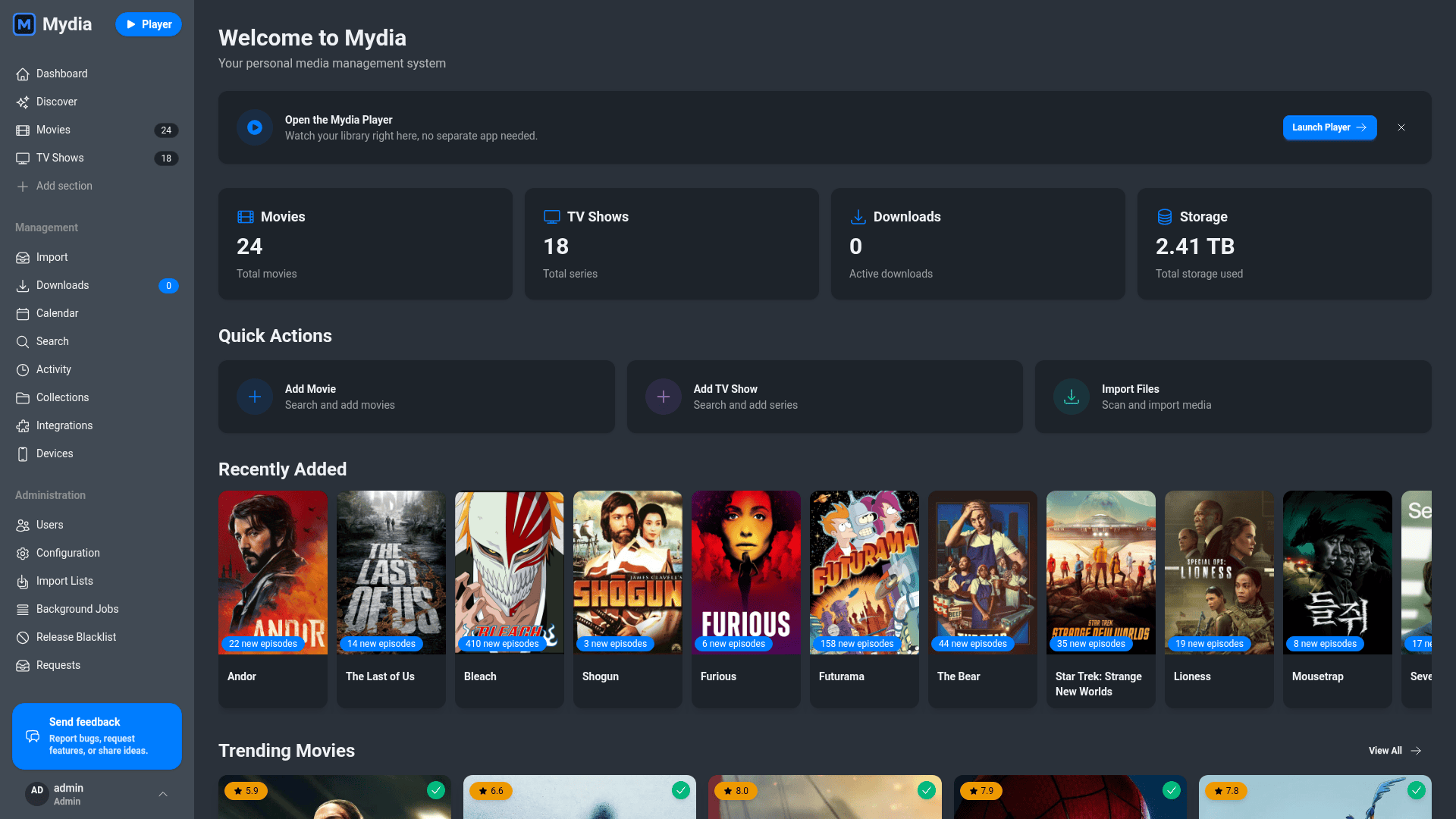 Mydia homepage dashboard