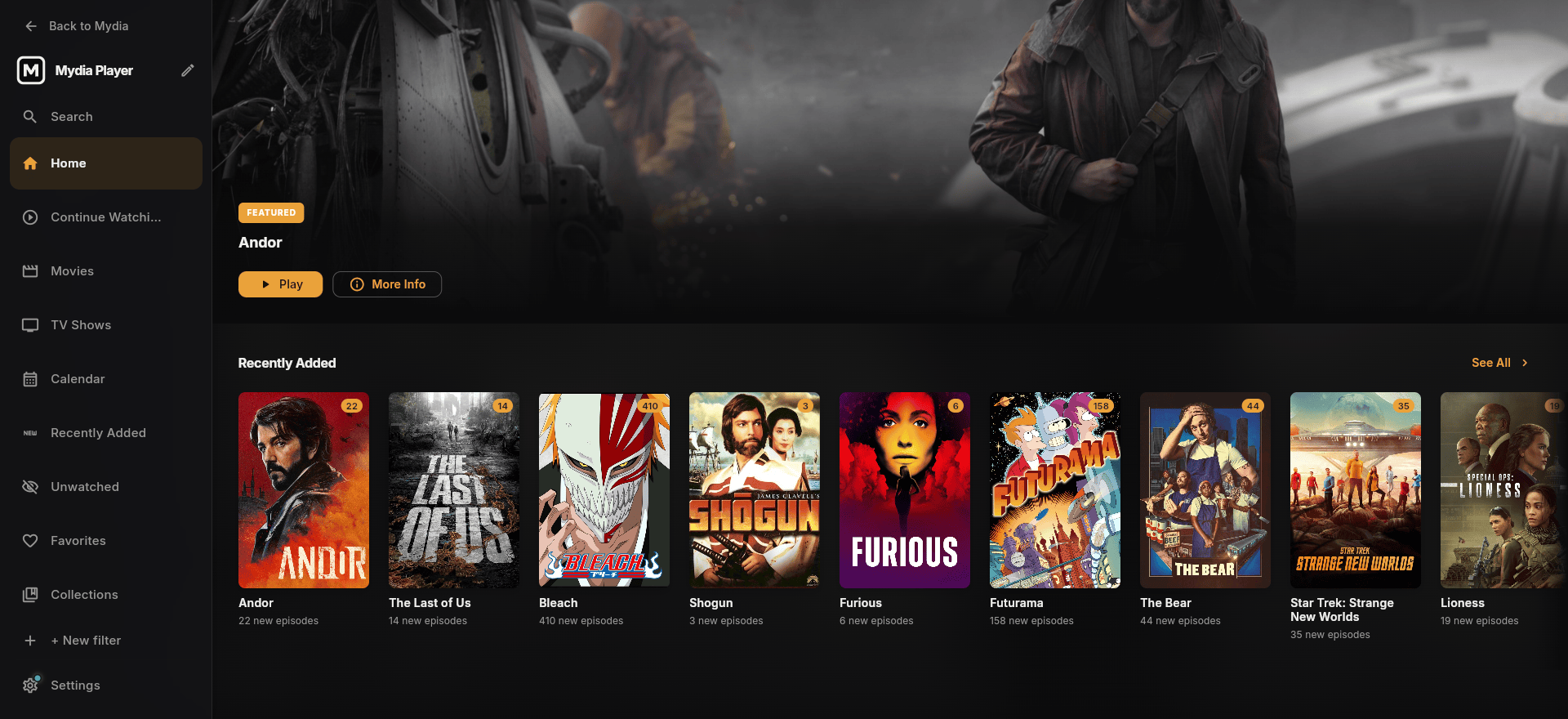 Mydia Player on a desktop, showing the library home screen