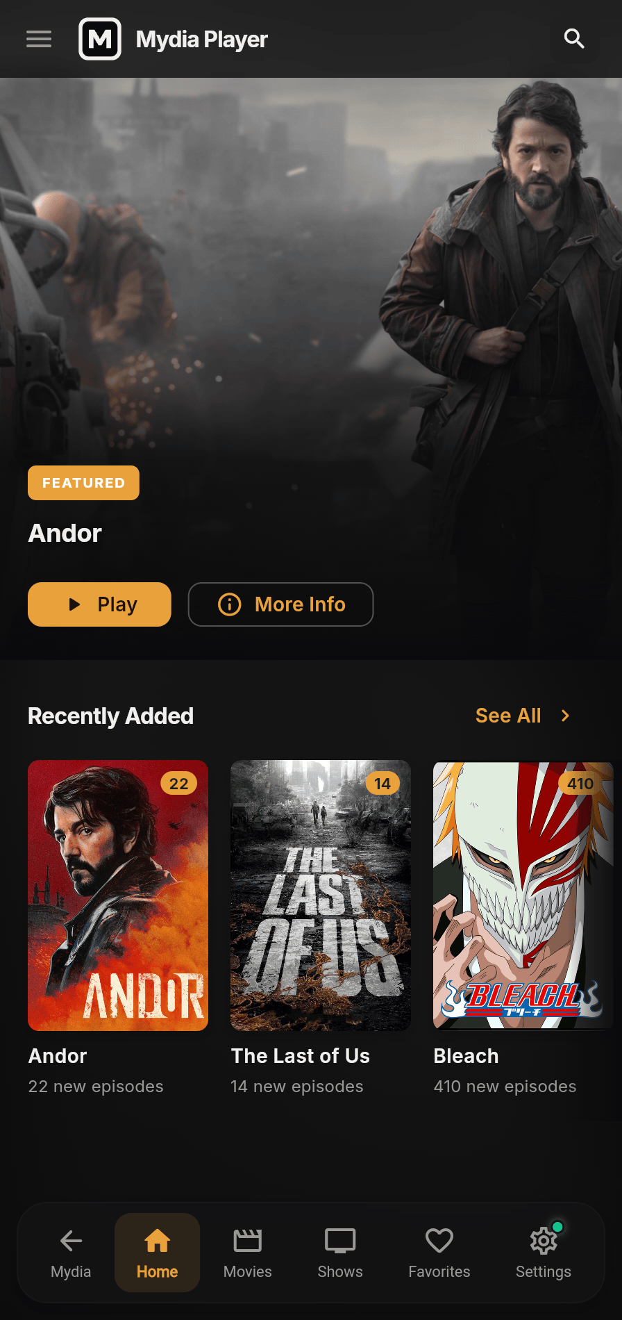 Mydia Player home screen